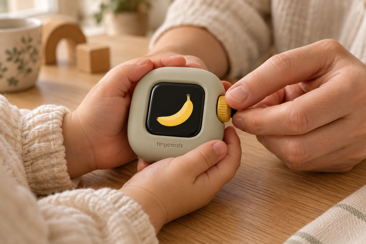 A parent helping their child turn the yellow dial on tinycards, discovering a banana together