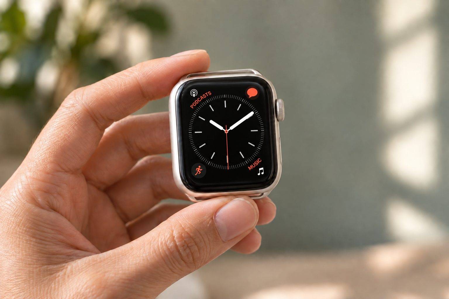 An adult holding a silver Apple Watch with its straps removed